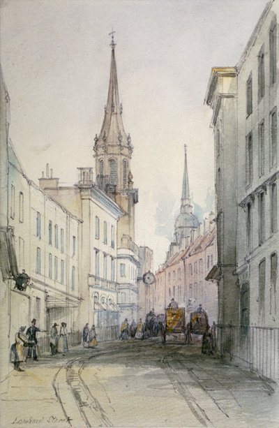 Näkymä Lombard Streetiltä itään katsoen, hahmoineen ja vaunuineen, Lontoon kaupunki, 1851 tekijältä Thomas Colman Dibdin