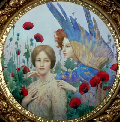 "Viesti" Nuori nainen ja enkeli unikkopellolla. Thomas Cooper Gotchin (1854-1931) (prerafaeliitti) maalaus Yksityiskokoelma. tekijältä Thomas Cooper Gotch