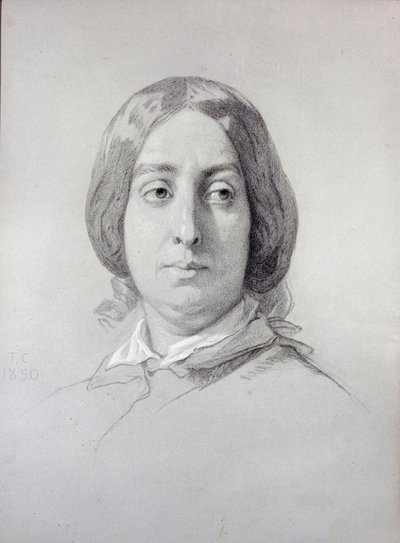 Kirjeiden naisen muotokuva George Sand (1804-1876) Aurore Dupin, Baronne Dudevant Thomas Couture (1815-1879) piirustus 1844 Pariisi, Romanttisen elämän museo tekijältä Thomas Couture