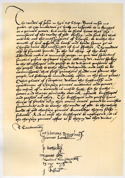 Arkkipiispa Crammerin ja seitsemän muun englantilaisen piispan episkopaalinen julistus, n. 1537. tekijältä Thomas Cranmer