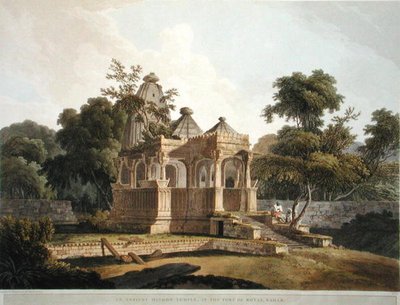Ancient Hindoo Temple in the Fort of Rotas, Bahar, levy 12 teoksesta Oriental Scenery: Twenty Four Views in Hindoostan, julkaistu 1796 (värilitho) tekijältä Thomas Daniell