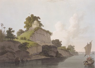 Hindoo-temppeli lähellä Currahia, Ganges-joella, elokuvasta "Itämainen maisema: Kaksikymmentäneljä näkymää Hindoostanissa", 1796 tekijältä Thomas Daniell
