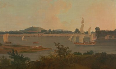 Pinnace purjehtimassa Gangesia pitkin Monghyr-linnoituksen ohi tekijältä Thomas Daniell