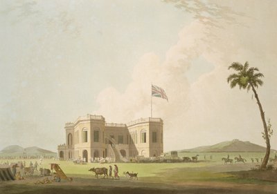 Assembly Rooms on the Race Ground lähellä Madrasia, levy 37 teoksesta "Oriental Scenery: Twenty Four Views in Hindoostan", kaiverrettu Thomas ja William (1769-1837) Daniell, julkaistu 1798. tekijältä Thomas Daniell