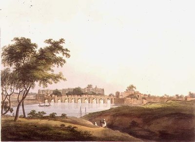 Silta Juonporessa, Bengalissa, kaiverrus H. Merke (fl.1800-20) pub. kirjoittanut Edward Orme (1774-n. 1820) 1804 (litho) tekijältä Thomas Daniell