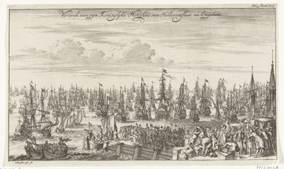 Hellevoetsluisin William III:n lähtö Englantiin 1688 Hänen kuninkaallisen korkeutensa Hellevoetsluisin lähtö Englannin jälkeen (otsikko esineessä) tekijältä Thomas Doesburgh