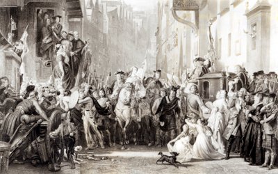 Prinssi Charles Edward (1720-88) ja Highlanders saapuvat Edinburghiin Prestonin taistelun jälkeen, 21. syyskuuta 1745 (katso 105438) tekijältä Thomas Duncan