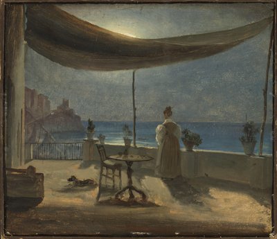 Terassi Amalfissa Moonlightissa, n. 1834 (öljy paperille asennettuna levylle) tekijältä Thomas Fearnley