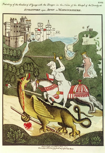 St. George and the Dragon, alkuperäisen maalauksen jälkeen kolminaisuuden kappelissa Stratford Upon Avonissa Warwickshiressä, 1804 tekijältä Thomas Fisher Hoxton
