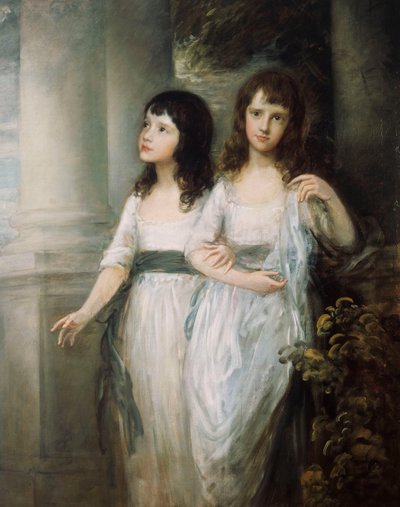 Ryhmämuotokuva neiti Sloperistä, jotka molemmat seisovat melkein koko pituudeltaan valkoisissa mekoissa, joissa on sininen vyö, tekijältä Thomas Gainsborough