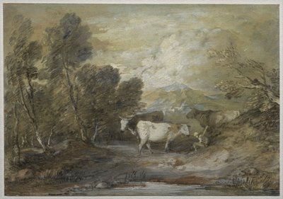 Kolmen lehmän paimenmies ylämaan altaan äärellä, 1780-luvun puoliväli. tekijältä Thomas Gainsborough