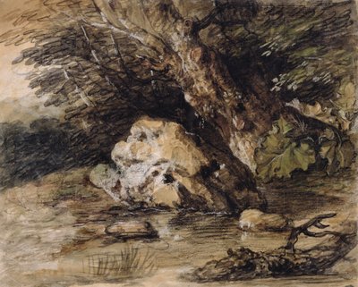 Mäkinen maisema, jossa hahmot lähestyvät siltaa, n. 1763 (wc ja guassi paperilla) tekijältä Thomas Gainsborough