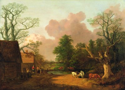 Maisema, jossa on hahmoja, maatilarakennuksia ja maitotyttö, n. 1754-1756 (öljy kankaalle) tekijältä Thomas Gainsborough