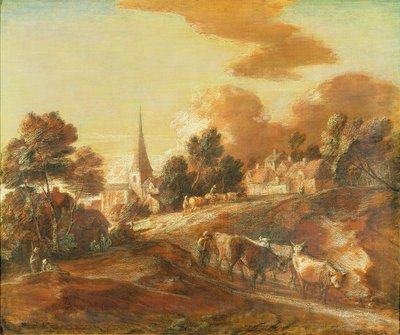 Kuvitteellinen metsäinen kylä drovereiden ja karjan kanssa, n. 1771-72 (öljy ja sekatekniikka paperille kankaalle) tekijältä Thomas Gainsborough