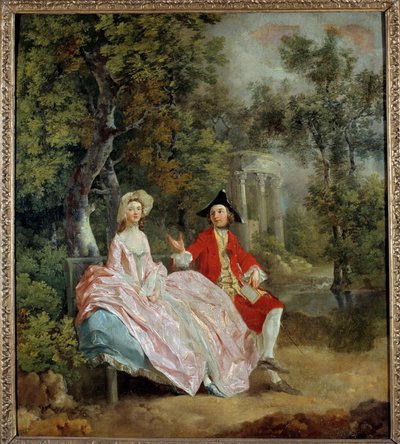 Keskustelu puistossa: Thomas Gainsborough ja hänen vaimonsa Margaret Painting kirjoittanut Thomas Gainsborough (1727-1788) 1746 su. 0,73 x 0,68 m - Keskustelua puistossa: Thomas Gainsborough ja hänen morsiamensa Margaret. Thomas Gainsboroughin (1727-1788)  tekijältä Thomas Gainsborough