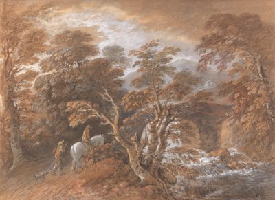 Mäkinen maisema, jossa hahmot lähestyvät siltaa tekijältä Thomas Gainsborough