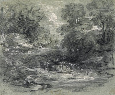 Maisema maatilan kärryllä mutkaisella radalla puiden välissä (hiili ja guassi paperilla) tekijältä Thomas Gainsborough
