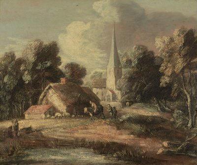 Maisema mökillä ja kirkolla tekijältä Thomas Gainsborough