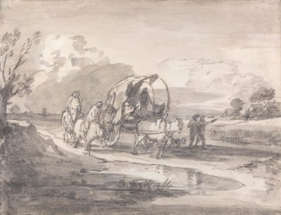 Avoin maisema ratsumiehillä ja katetulla kärryllä tekijältä Thomas Gainsborough