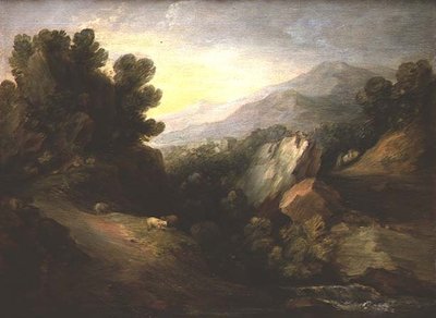 Kallioinen metsäinen maisema lampaineen vesiputouksen äärellä tekijältä Thomas Gainsborough