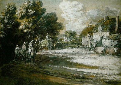 Travellers Passing a Village (mustavalkoinen liitu paperille) (mustavalkoinen liitu paperille) tekijältä Thomas Gainsborough