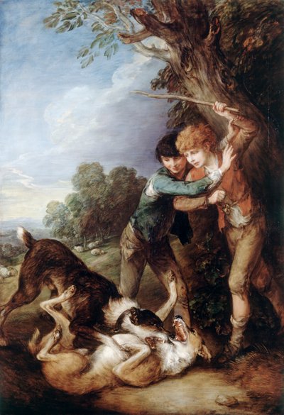 Kaksi paimenpoikaa koirien kanssa tappelemassa (öljy kankaalle) tekijältä Thomas Gainsborough