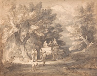Metsäinen maisema maakärryillä ja kaistalla käveleviä hahmoja tekijältä Thomas Gainsborough