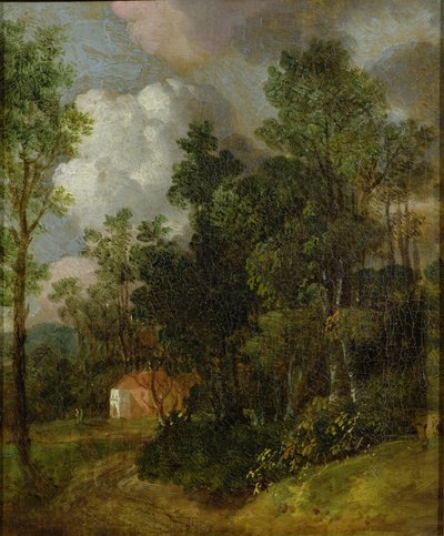 Metsäinen maisema maalaistalolla ja kahdella hahmolla, n. 1752 (öljy kankaalle asetettu kankaalle) tekijältä Thomas Gainsborough