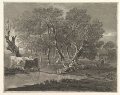 Metsäinen maisema, jossa lehmiä uima-altaan vieressä, hahmoja ja mökki, 1775-80. tekijältä Thomas Gainsborough