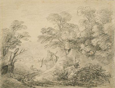 Metsäinen maisema aasilla ja hahmoilla, n. 1759 (grafiitti paperille) tekijältä Thomas Gainsborough