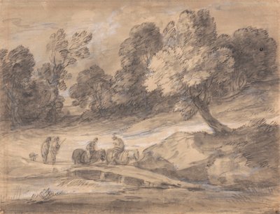 Metsäinen maisema, jossa hahmoja hevosella ylittämässä siltaa tekijältä Thomas Gainsborough