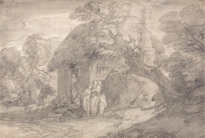 Metsäinen maisema hahmoineen mökin oven ulkopuolella tekijältä Thomas Gainsborough