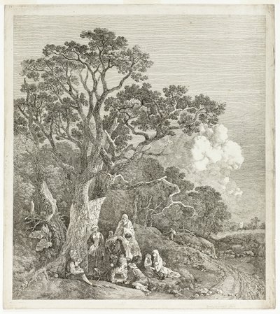 Metsäinen maisema, jossa mustalaiset kokoontuivat tulen ympärille tekijältä Thomas Gainsborough