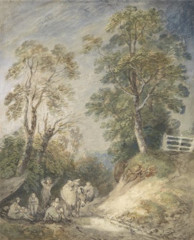 Metsämaisema mustalaisleirin kanssa, n. 1760-1765 (akvarelli ja guassi kynällä ja liidulla paperilla) tekijältä Thomas Gainsborough