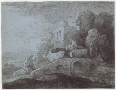 Metsäinen maisema, jossa paimen ajaa karjaa (etsaus paperille) tekijältä Thomas Gainsborough