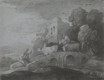 Metsäinen maisema, jossa paimen ajaa karjaa sillan yli, maalaismaisia rakastajia ja raunioitunut linna tekijältä Thomas Gainsborough