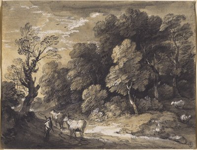Metsäinen maisema, jossa paimen ja karja, n. 1775-1780 (musta liitu ja harmaa-mustat pesut, korostettu valkoisella guassilla levitetylle paperille) tekijältä Thomas Gainsborough