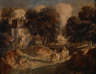 Metsäinen maisema ja ratsastavat talonpojat tekijältä Thomas Gainsborough