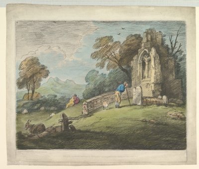 Metsäinen maisema talonpoikien lukuhautakivillä, maalaismaisia rakastajia ja rauniokirkko, 1. elokuuta 1797. tekijältä Thomas Gainsborough