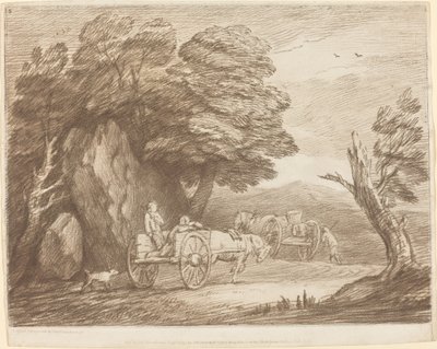 Metsäinen maisema, jossa on kaksi maakärryä ja hahmoja tekijältä Thomas Gainsborough