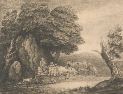 Metsäinen maisema, jossa on kaksi maakärryä ja hahmoja tekijältä Thomas Gainsborough