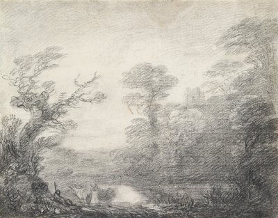 Metsäinen maisema, jossa paimen, lehmät ja kirkon torni, 1753-1757Metsäinen maisema, jossa paimen, lehmät ja kirkon torni, 1753-1757 tekijältä Thomas Gainsborough