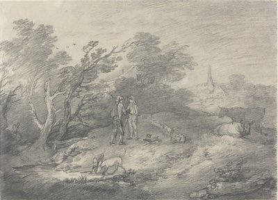 Metsä lähellä kylää, jossa on kaninpyörittäjät ja heidän vinttikoiransa tekijältä Thomas Gainsborough