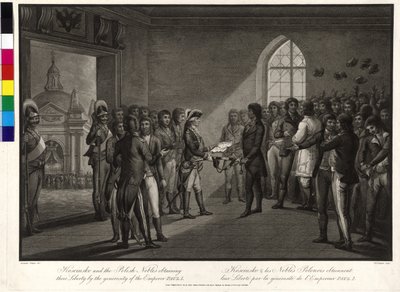 Tadeusz Kosciuszko ja puolalaiset aristokraatit pyytävät tsaari Paavali I:ltä vapautensa takaisin. tekijältä Thomas Gaugain