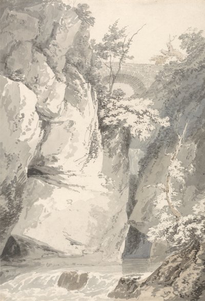 Lago di Comon rannalla, n. 1796 (pesu grafiitilla paperilla) tekijältä Thomas Girtin