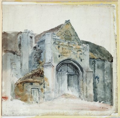 The Tithe Barn, Abbotsbury (akvarelli paperille) tekijältä Thomas Girtin