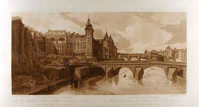 Näkymä Pont au Changelle, kaupunginteatteriin, Pont Neufille, Conciergerien vankilaan jne. Pont Notre-Damelta nähtynä tekijältä Thomas Girtin