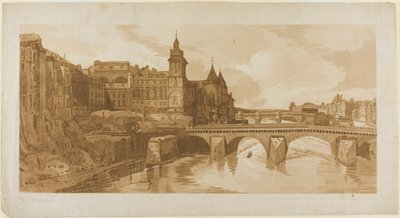 Näkymä Pont au Changesta, kaupungin teatterista, Pont Neufista, Conciergerie-vankilasta jne. otettu Pont Notre Damesta, valikoimasta 20 Pariisin kauneimpia näkymiä tekijältä Thomas Girtin