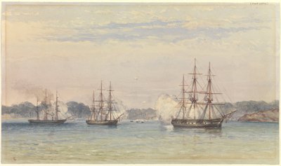 Kiinan sota 1857, kolme HM:n laivaa pommittaa ja laivaveneet rannikolla. tekijältä Thomas Goldsworth Dutton