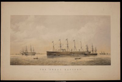 Great Eastern, lähdössä Sheernessistä Atlantin lennätinkaapeli laivassa kesäkuu 1866 (litografia, sävytetty). tekijältä Thomas Goldsworth Dutton